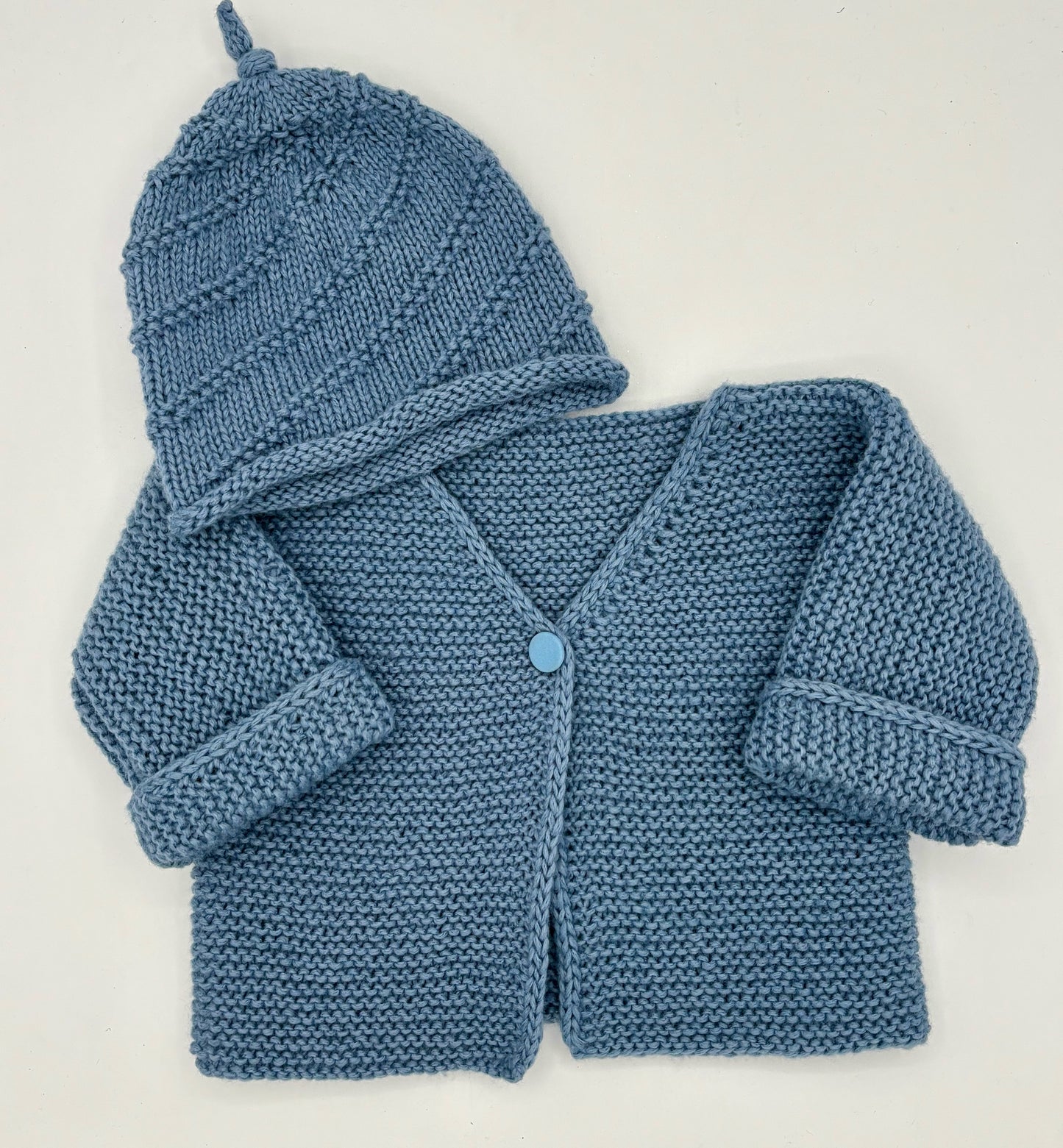 6-12 M Cardigan/Beanie Set - Blue Cotton/Wool Blend