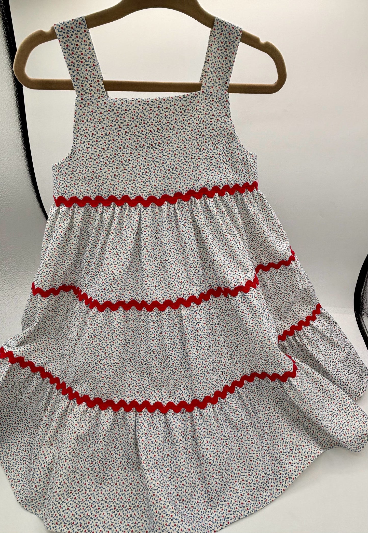 2 Y Sundress - Tiny Floral Red, White, Blue w/Red Ric-Rac Trim