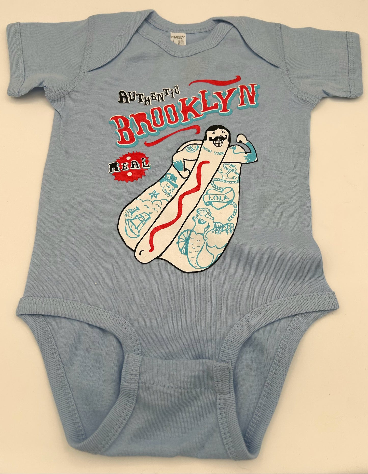 Authentic Brooklyn Hot Dog Onesie 12M light blue