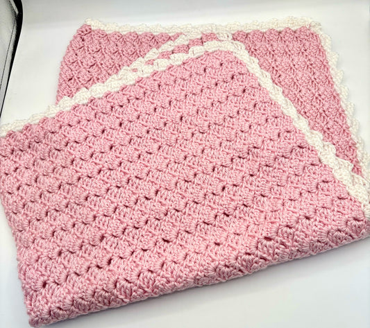 Pink & White Trim Acrylic Crochet Baby Afghan