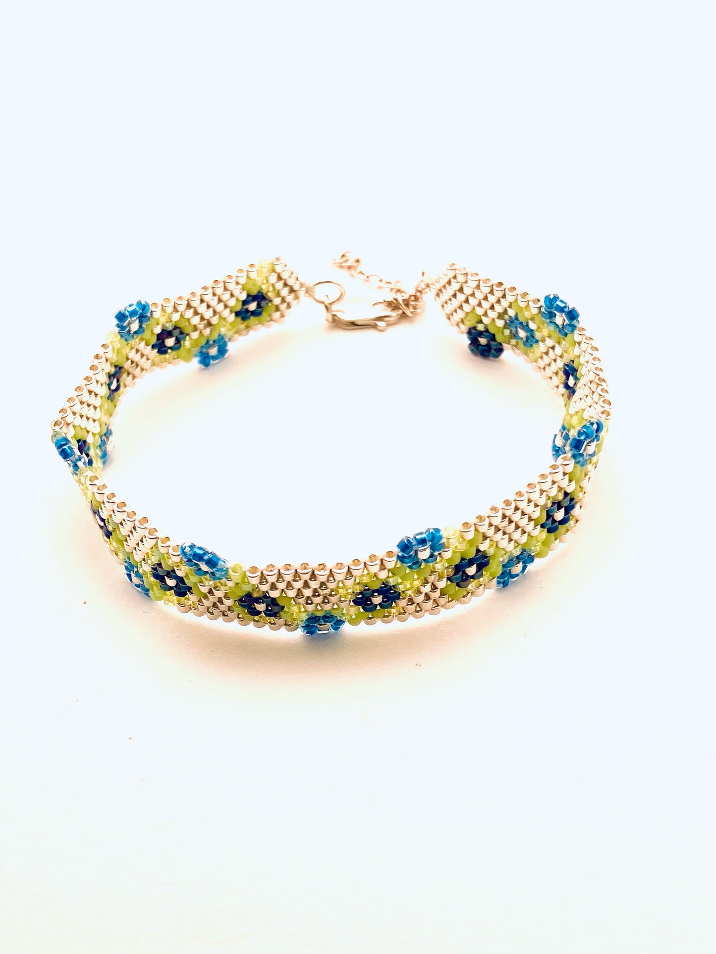 Beaded Garland Bracelet, Silver with Blue Flowers
