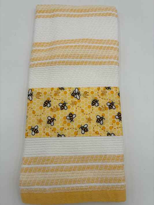 White Towel with Yellow Stripe and Bumble Bee Trim