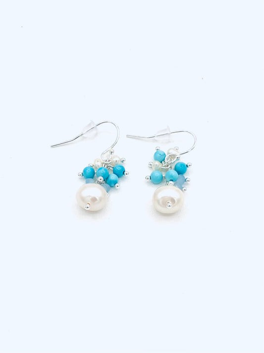 Pearl Earrings with Turquoise Cluster