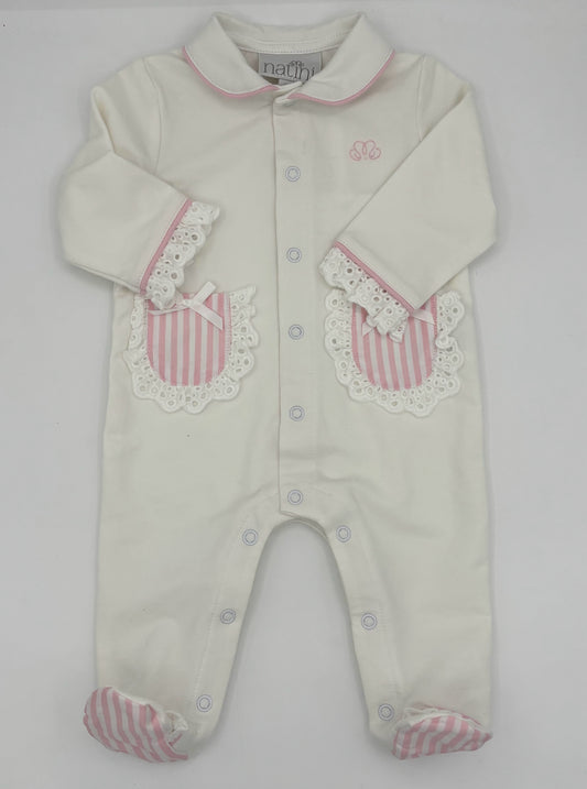 Newborn White Footed Romper with Pink Striped Trim