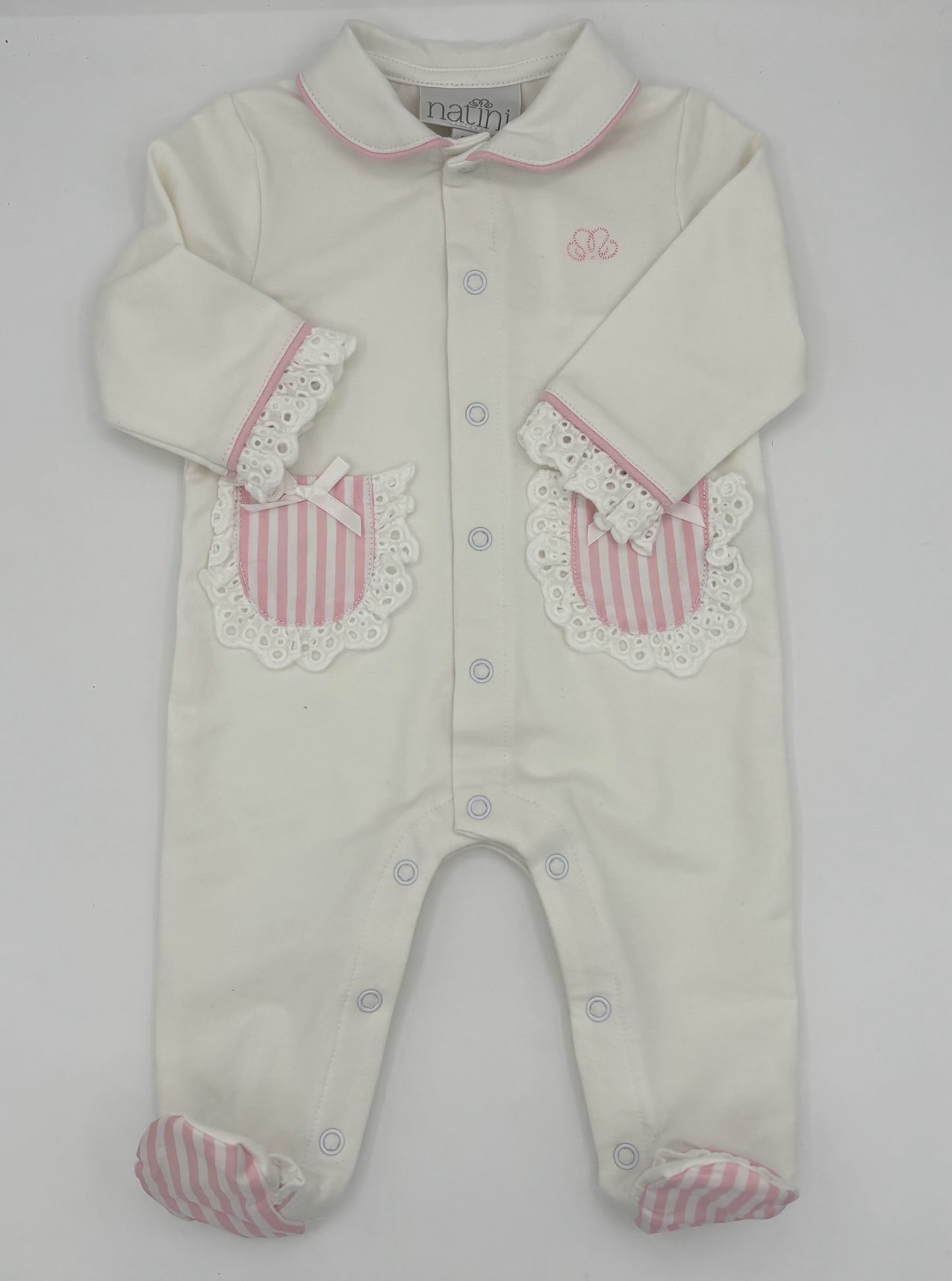 3M White Footed Romper with Pink Striped Trim