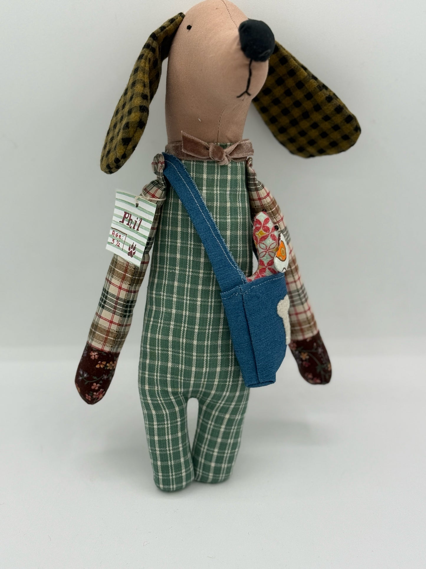 Phil the fabric Dog with bag