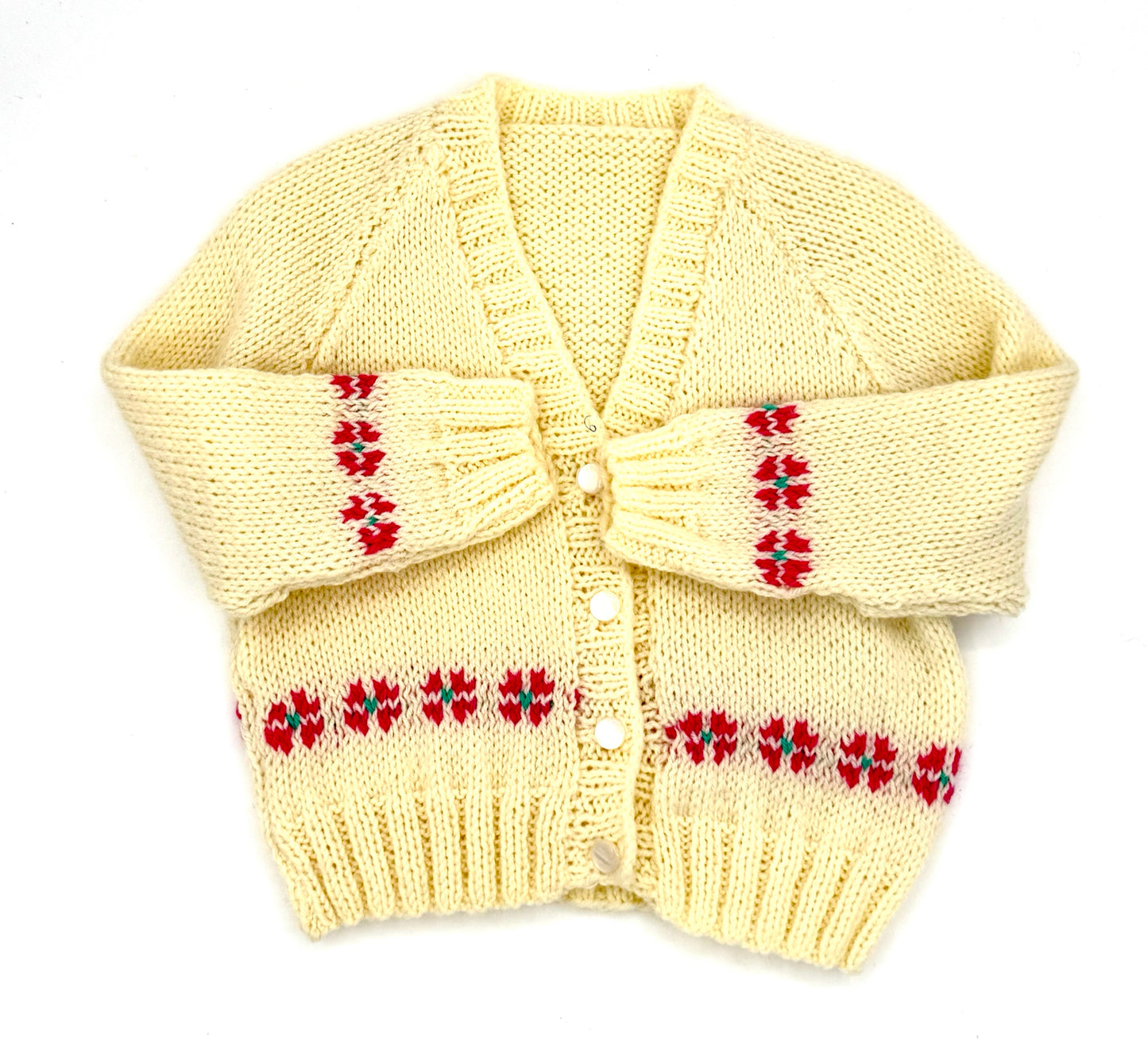 12-18 M Cream Acrylic Knit Cardigan with Pink Flower Fair Isle Band