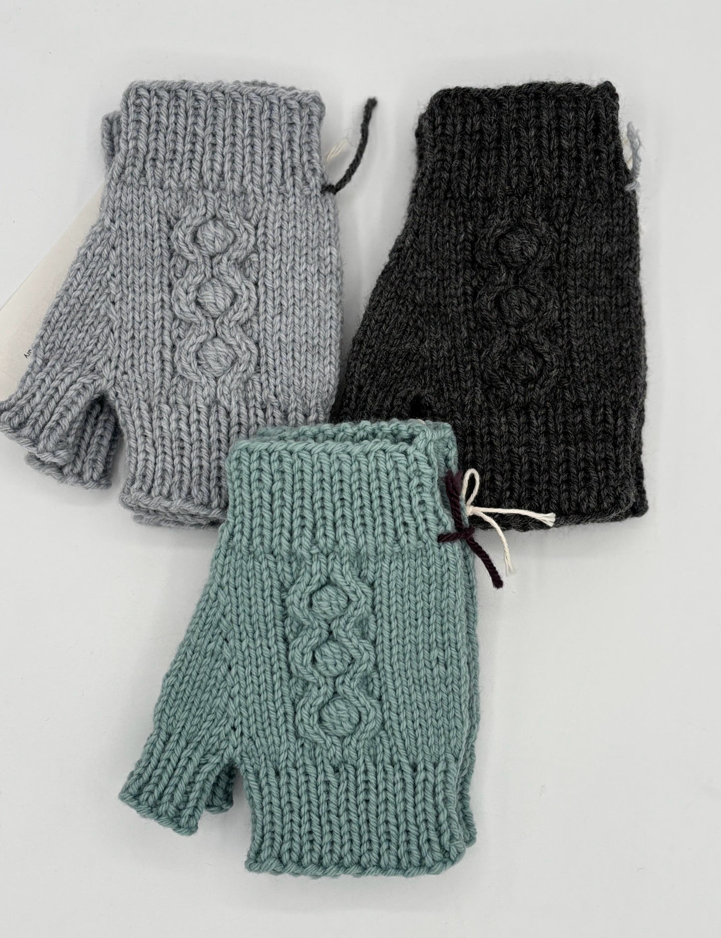 One Size Acrylic/Wool Blend Fingerless Gloves with Cables and Bobbles