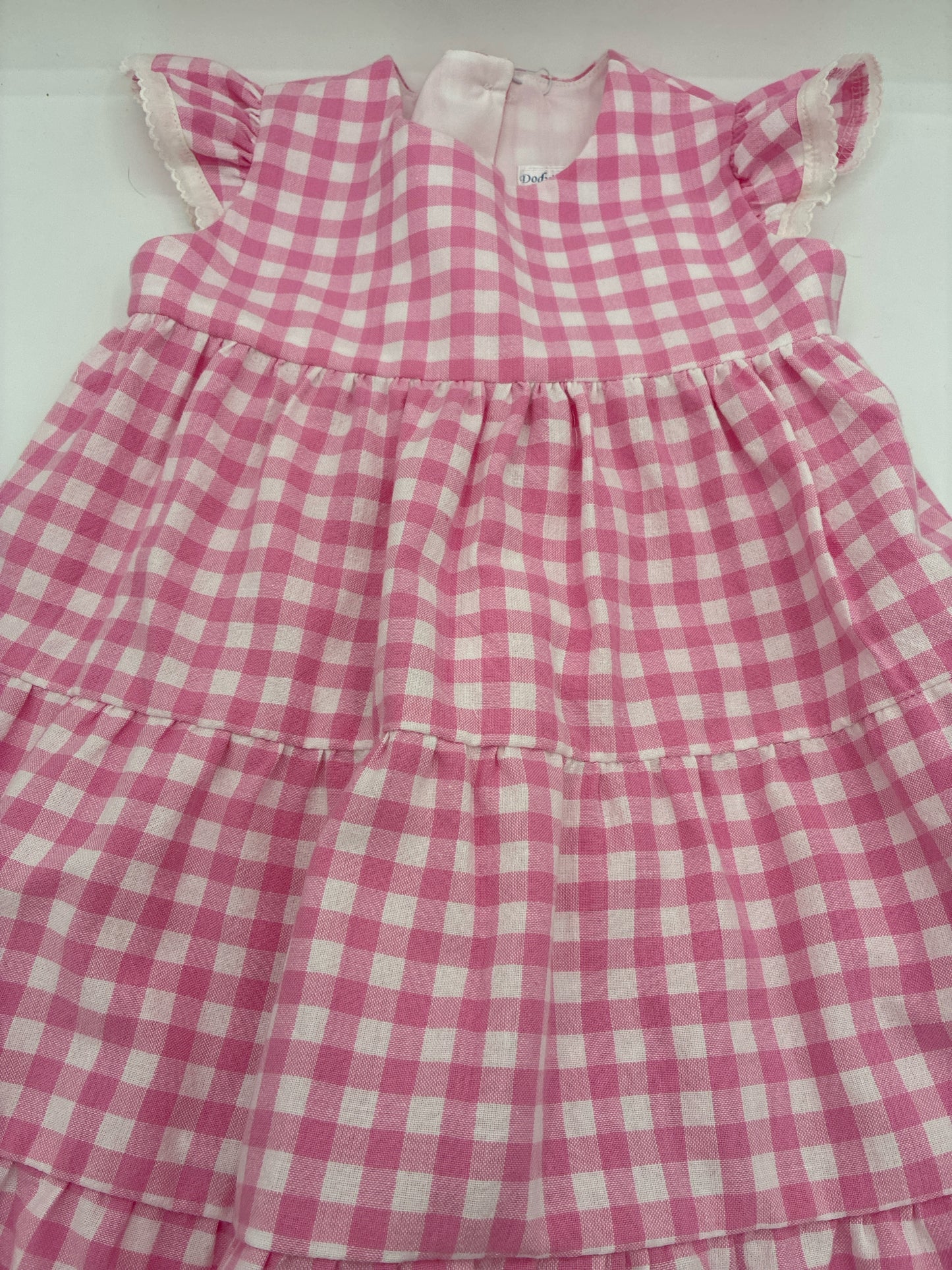 18 M Pink and White Checked Tiered Ruffle Dress