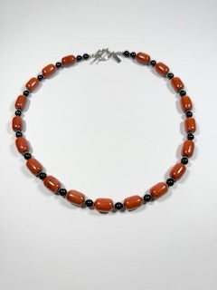 Red Jasper Barrel, Black Onyx, Bali Silver Necklace