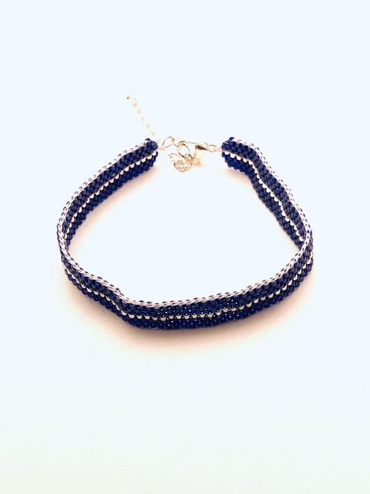 Beaded Stripe Bracelet, Dark Blue and Silver