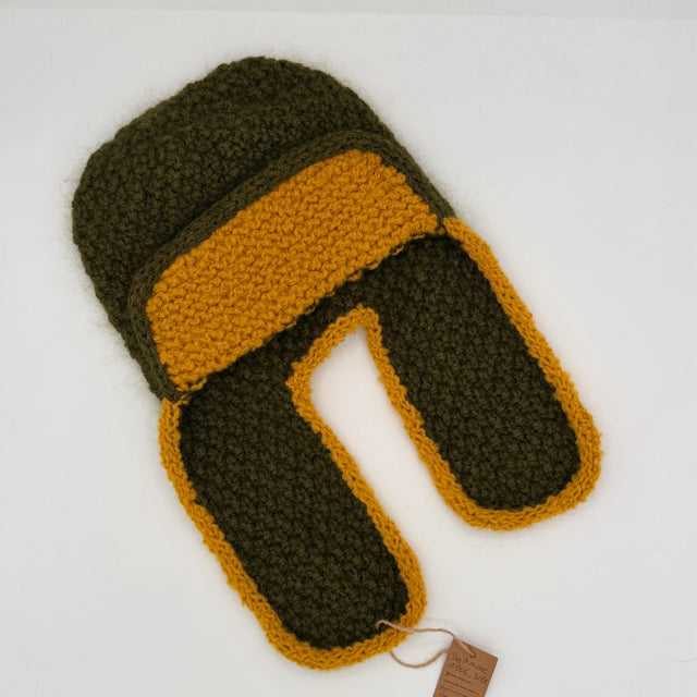 Adult M Green and Yellow Wool and Cashmere Earflat Hat