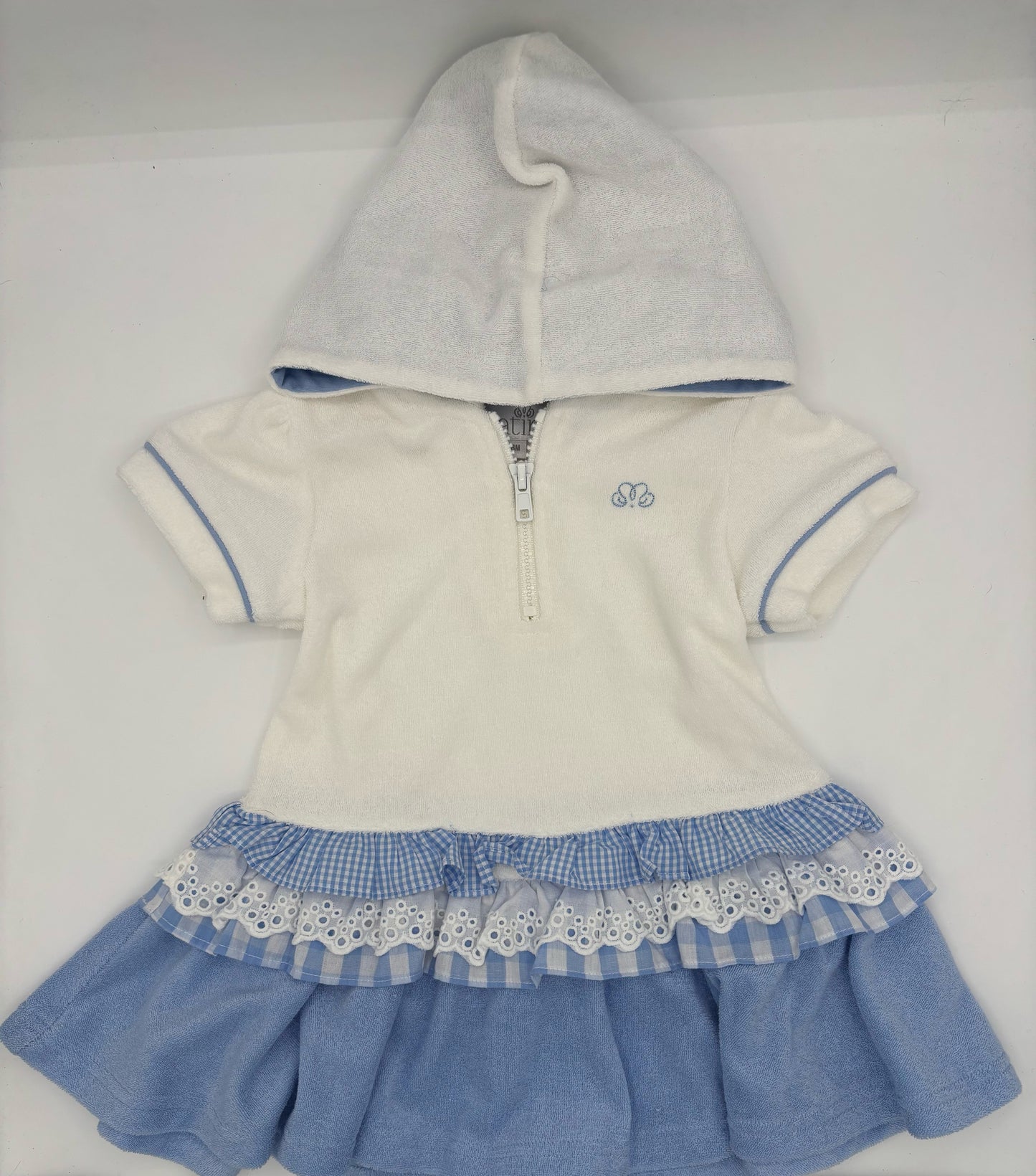 3Y Terrycloth White and Blue Ruffled Dress with Hood