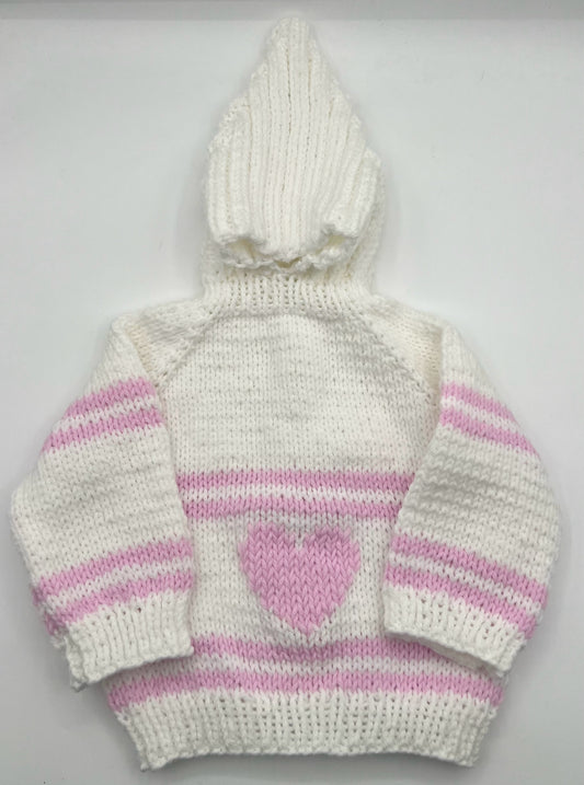 12-18 M White & Pink Heart Back Zipper Acrylic Knit Sweater with Hood