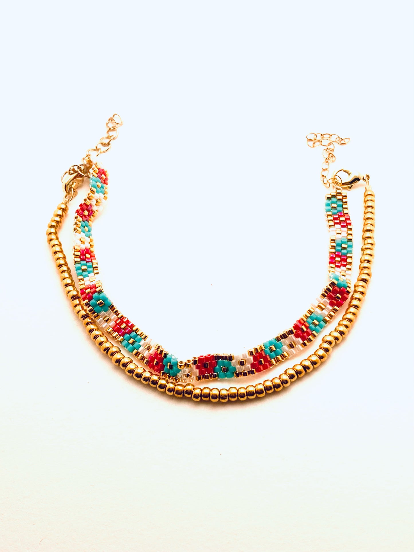 Beaded 4 Row Flower Bracelet, Red, Blue and White Flowers, with Gold Strand