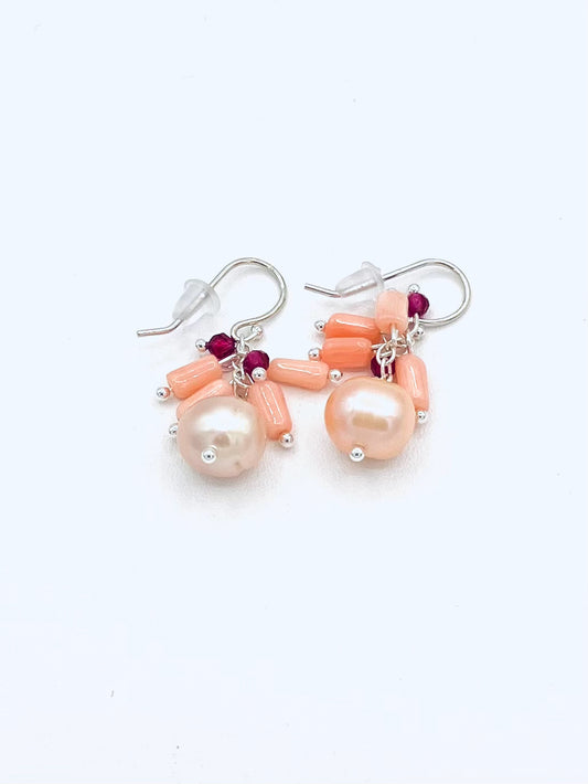 Pearl Earrings with Coral and Garnet Cluster
