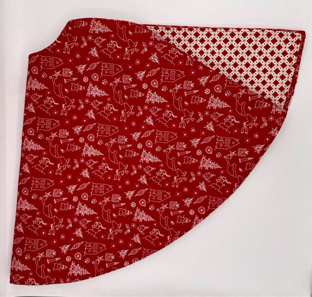 Burgandy and White Figures on Red and Pink Pattern Christmas Tree Skirt