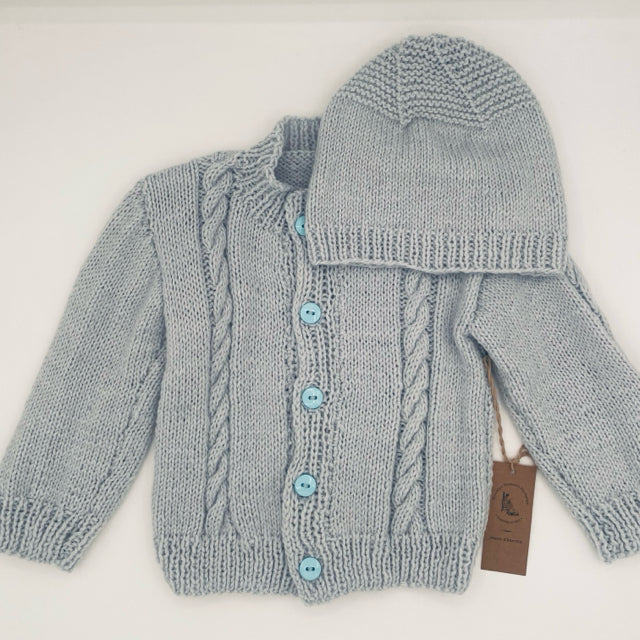 6-12 M Light Blue Acrylic Cable Knit Cardigan & Hat Set