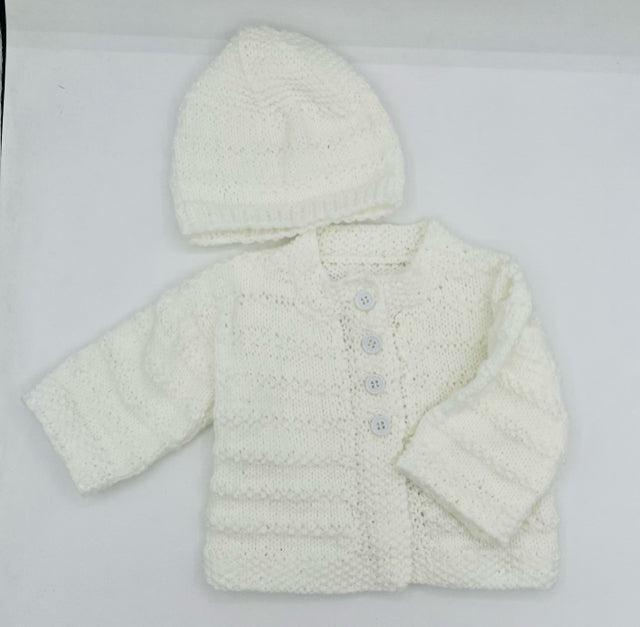 0-3 M White Acrylic Knit Jacket Set with Beanie
