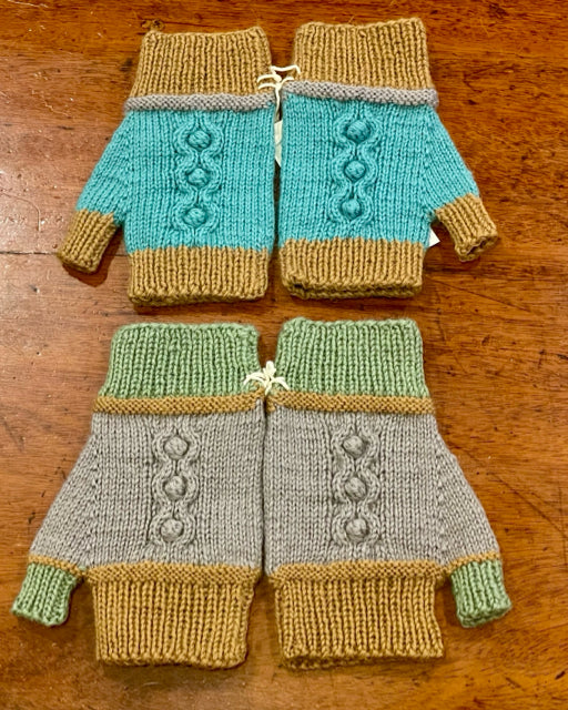Wool Multi Color Block Knit Fingerless Gloves with Bobbles
