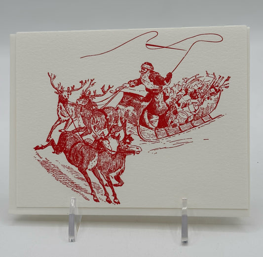 Santa in His Sleigh With Reindeer Letterpress Card