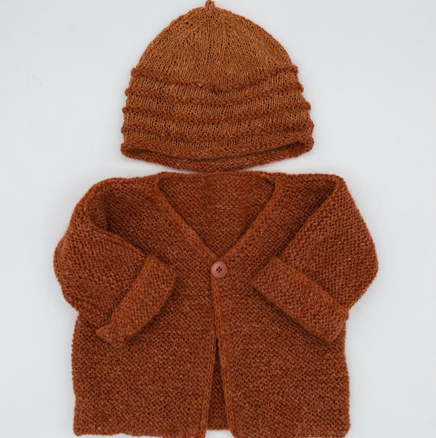 12 M Terracotta Cardigan/Beanie Set - Linen, Alpaca, Wool Blend