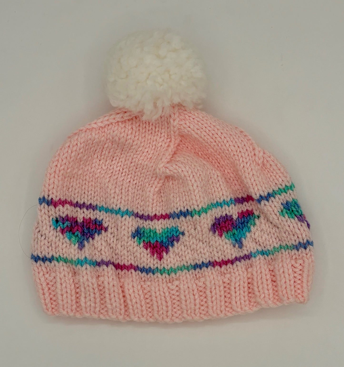 Child M/L Pink Acrylic Knit Beanie with Multi Color Hearts and Pom Pom