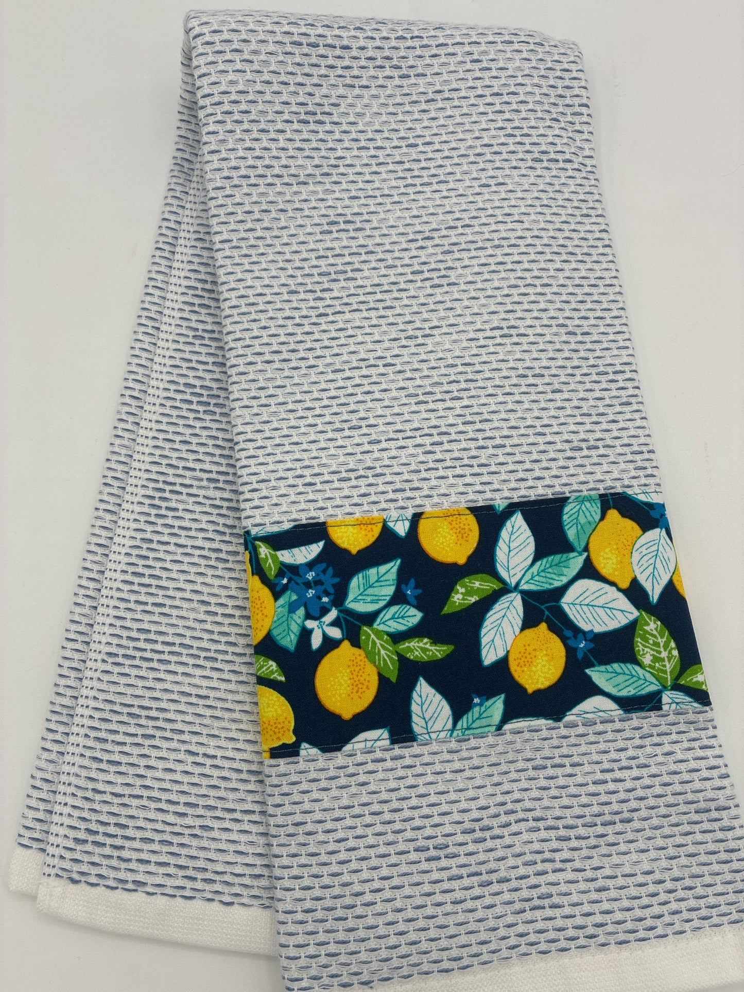 White Towel with Fine Blue Stripes and Lemon Trim