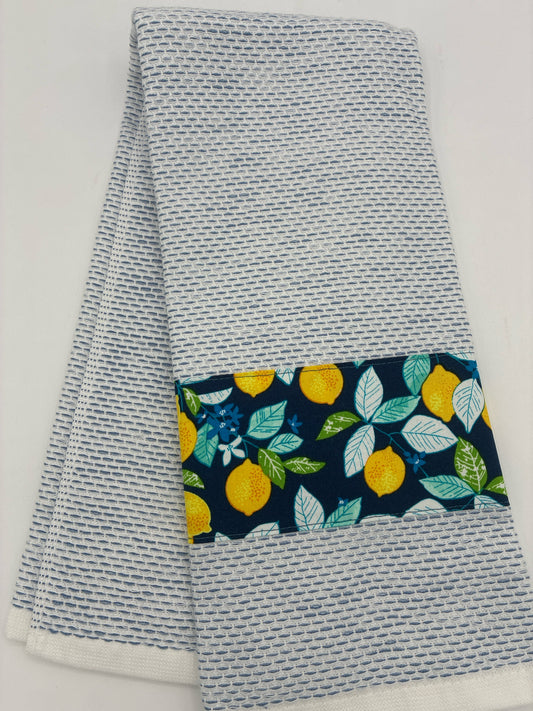 White Towel with Fine Blue Stripes and Lemon Trim