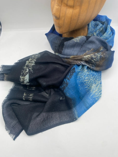 Blue Fine Wool Scarf, Digital Print Brushstroke Stripes
