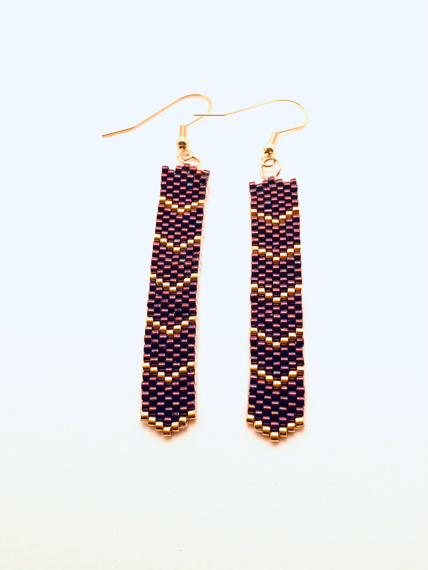 Beaded Dangle Earrings, Dark Red and Gold