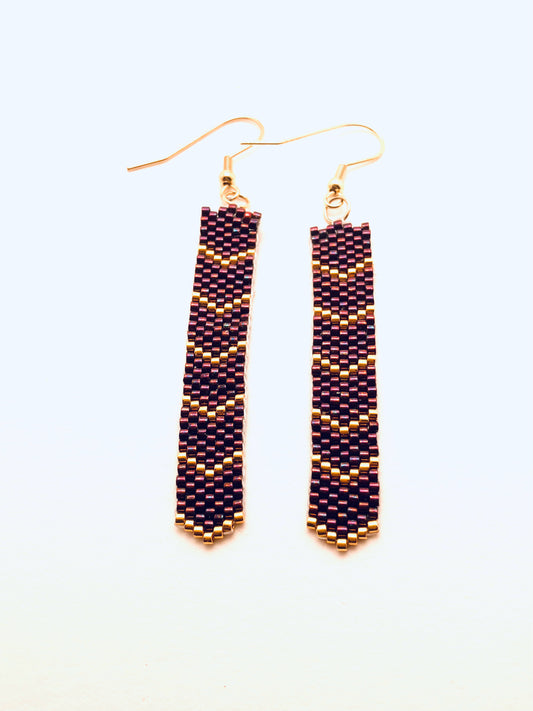 Beaded Dangle Earrings, Dark Red and Gold