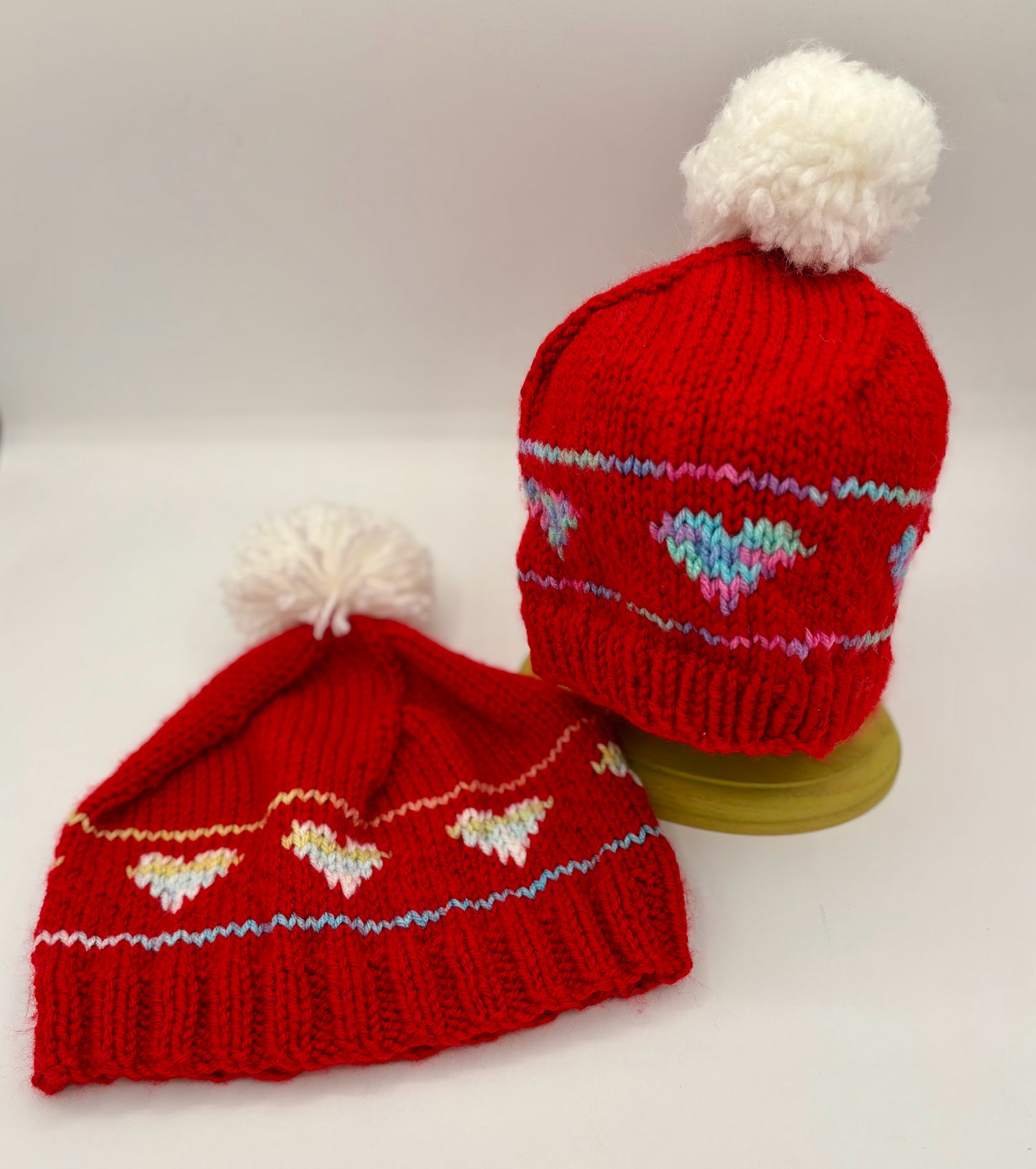 Child M/L Red Acrylic Knit Beanie with Multi Color Hearts and Pom Pom