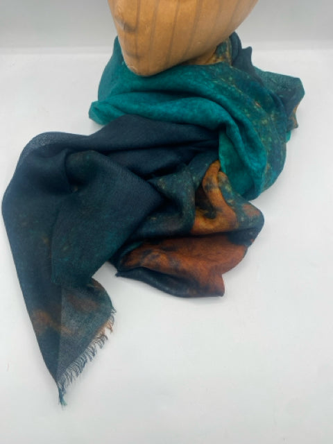 Blue, Teal & Gold Fine Wool Scarf, Painterly Abstract Digital Print