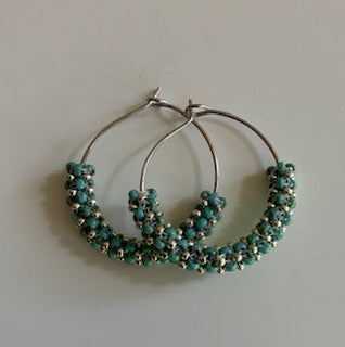 Turquoise and Silver Woven Hoops