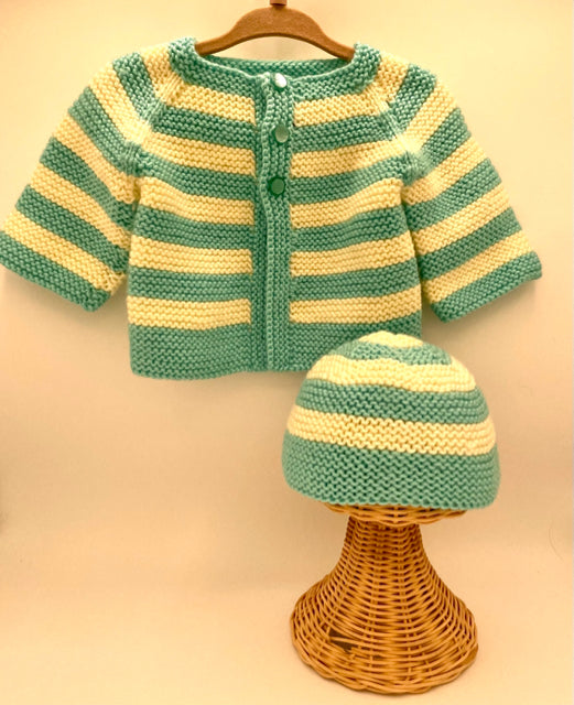 6-12 M Aqua and Cream Stripe Acrylic Cardigan Set with Beanie