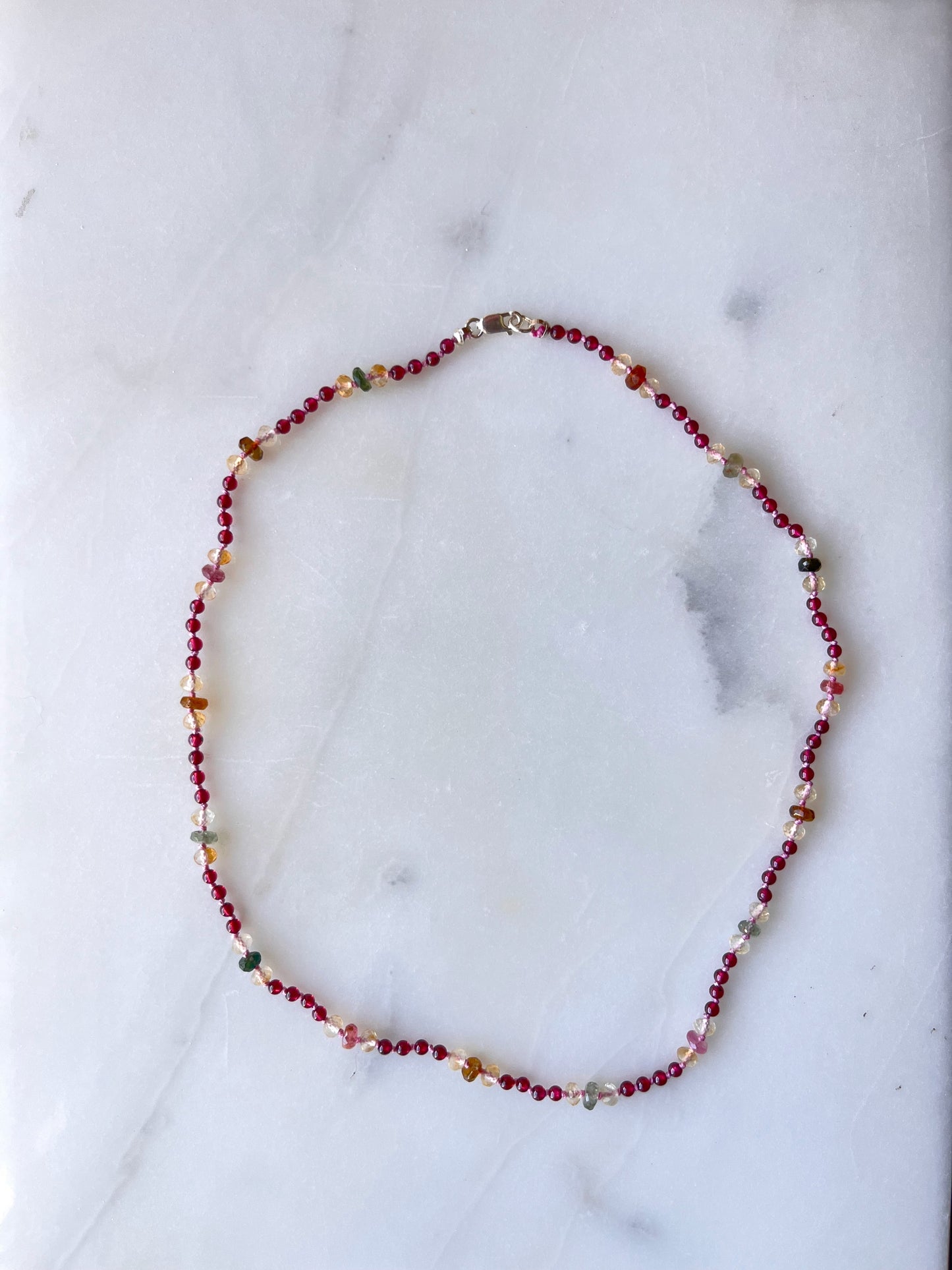 Tourmaline, Citrine with Garnet Knotted Necklace