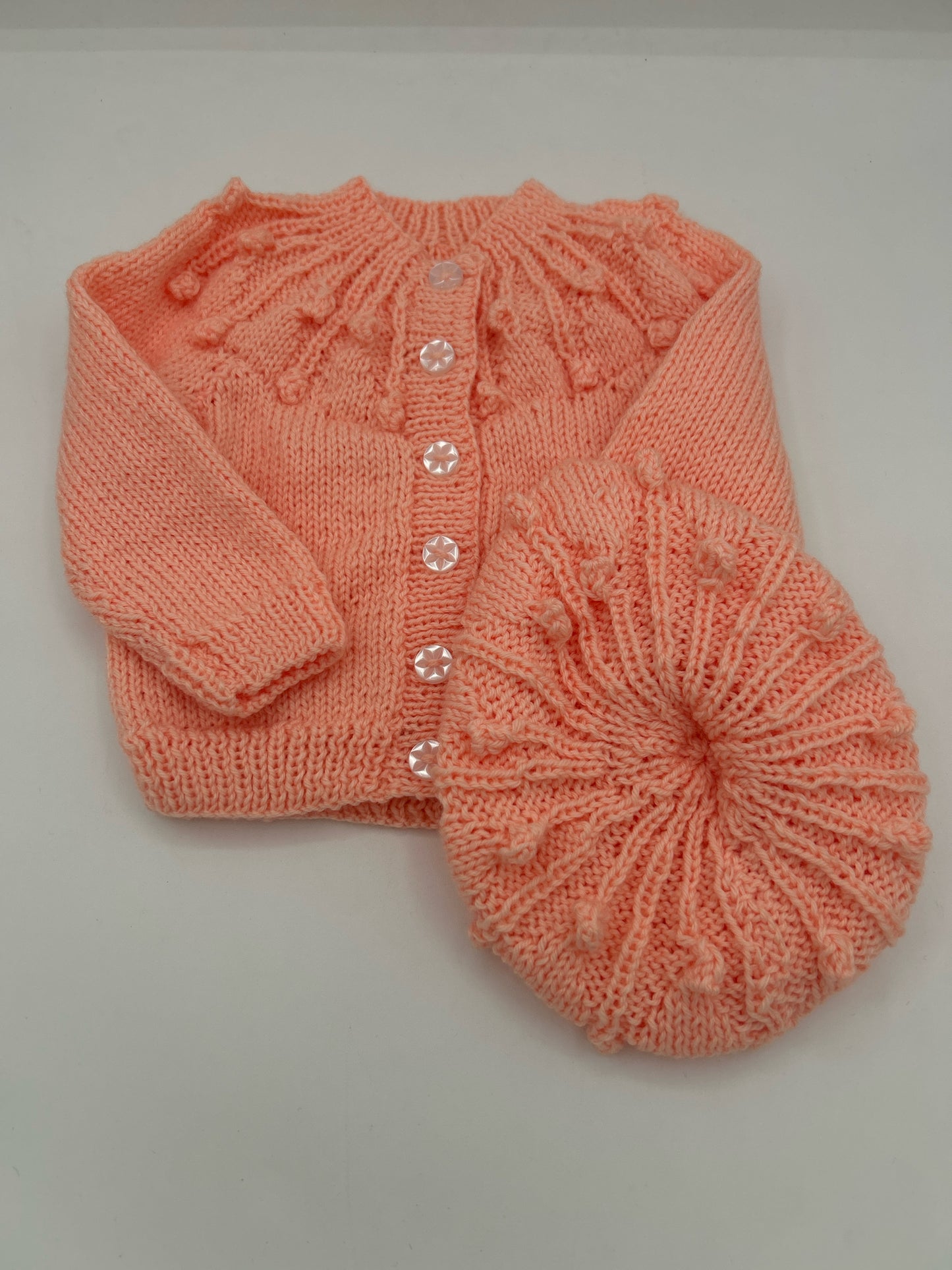 6-12 M Peach Acrylic Knit Cardigan Set with Beret