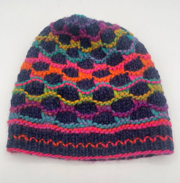 L/XL Midnight Blue Cashmere, Silk, and Wool Honeycomb Knit Hat