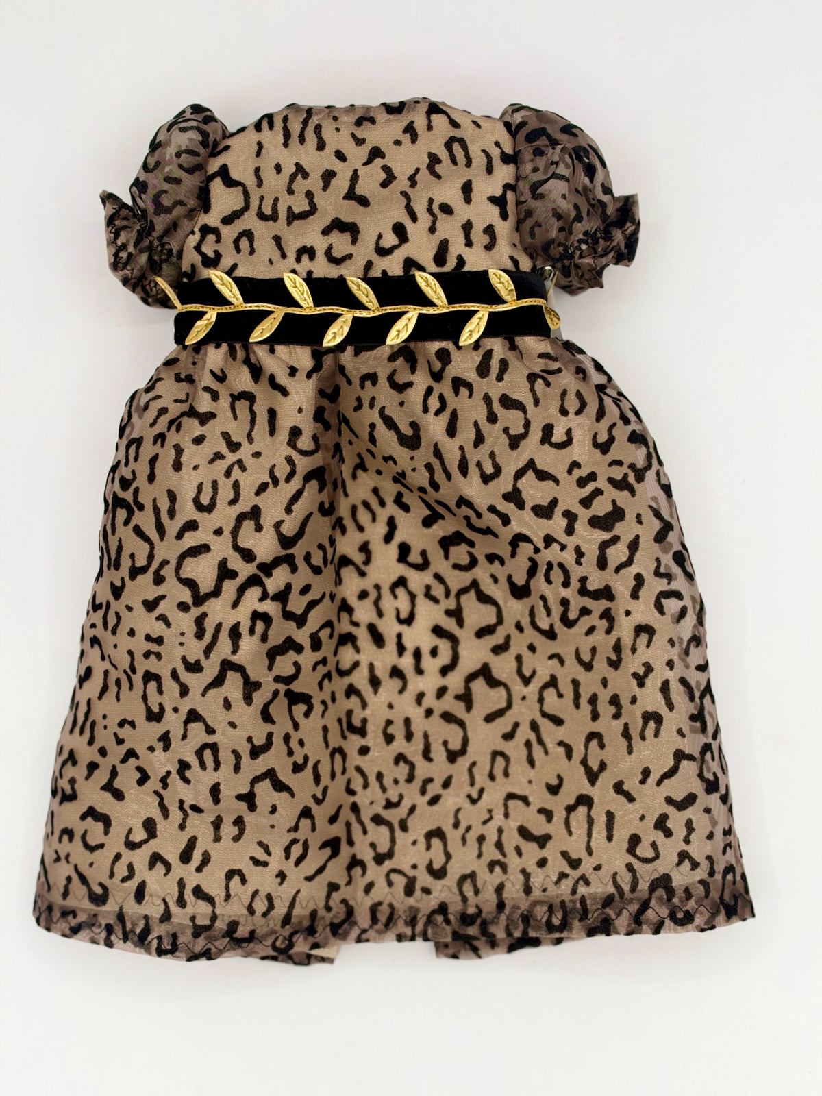 Leopard Sheer Over Gold Dress w/Velvet Band and Gold Leaf for 18" Doll
