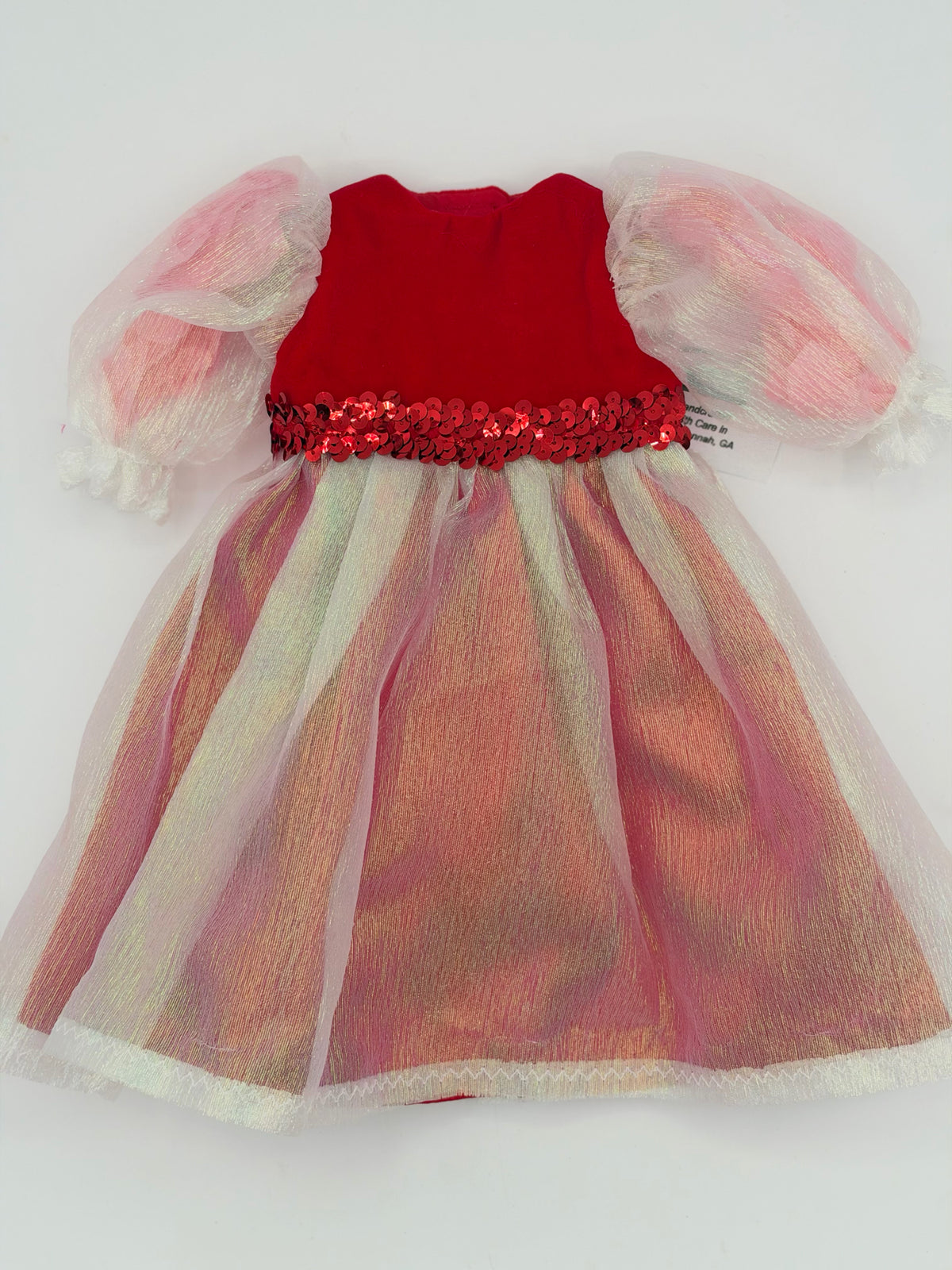 White Sparkle Dress with Red Velvet Top and Sequined Trim for 18" Doll