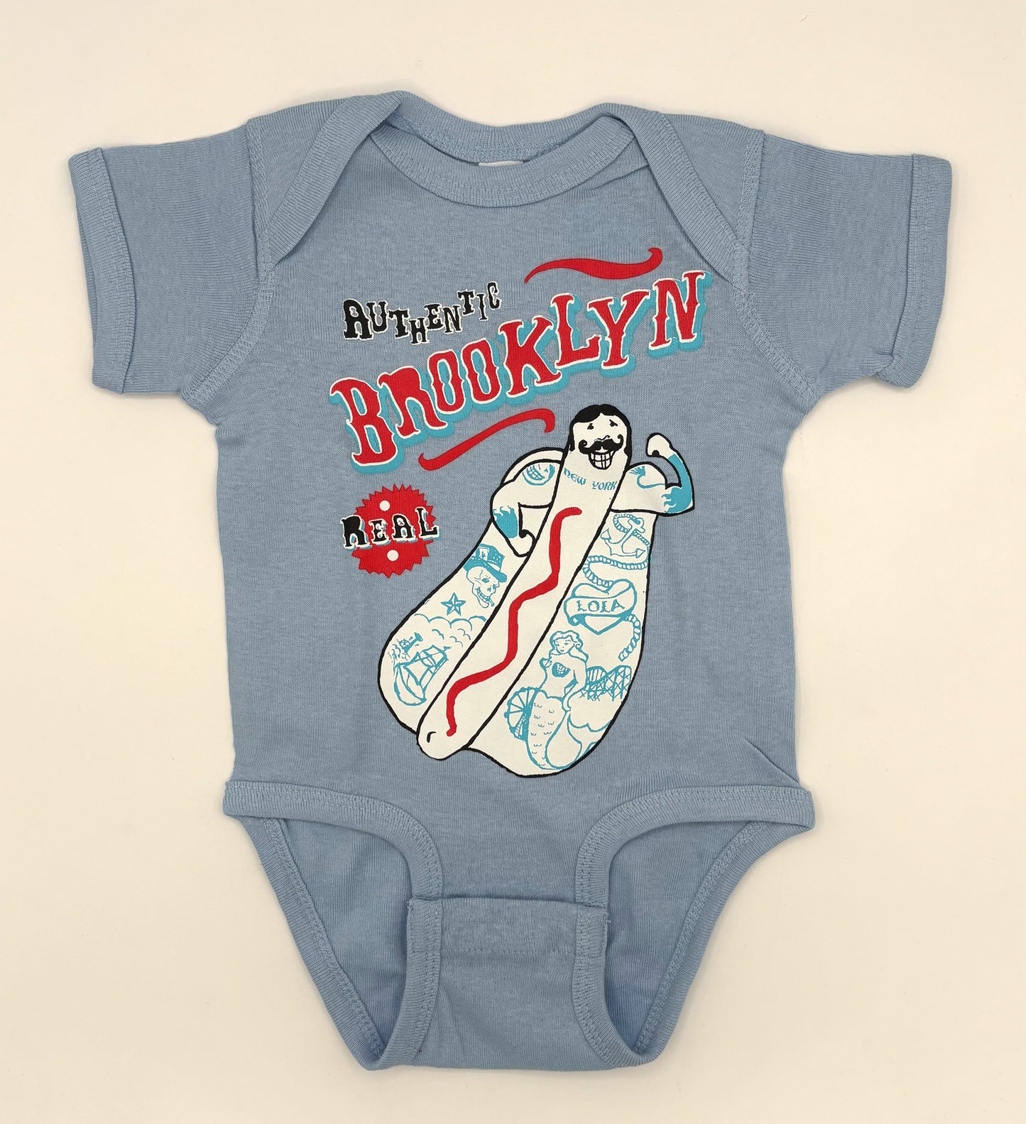 Authentic Brooklyn Hot Dog Onesie 6M light blue
