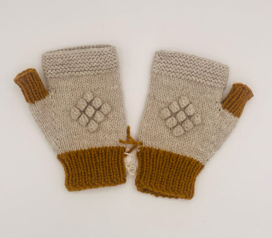 O/S Adult Mustard and Oat Wool Blend Knit Fingerless Gloves with Bobbles