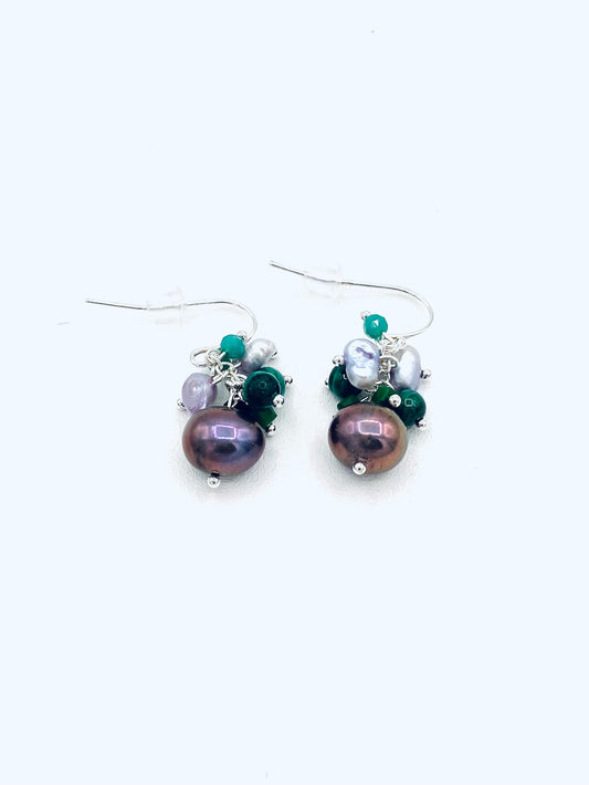 Pearl Earrings with Malachite Cluster