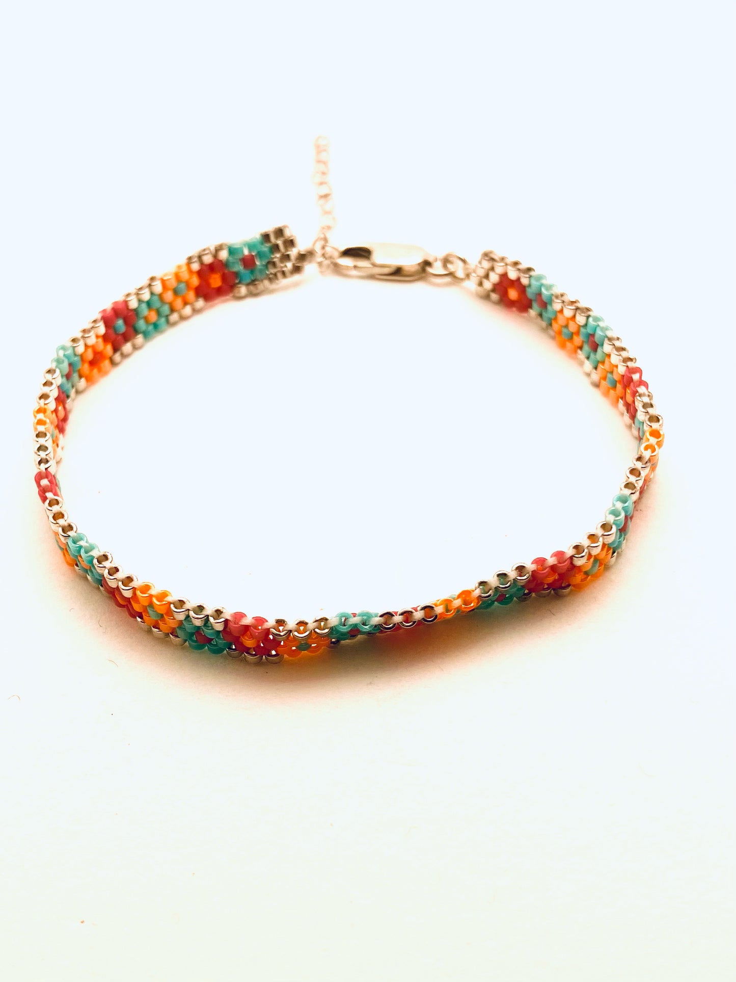 Beaded 4 Row Flower Bracelet, Blue, Fuschia, Orange and Silver