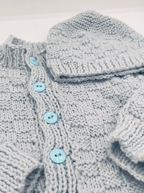 6-12 M Light Blue Acrylic Basketweave Knit Cardigan & Hat Set