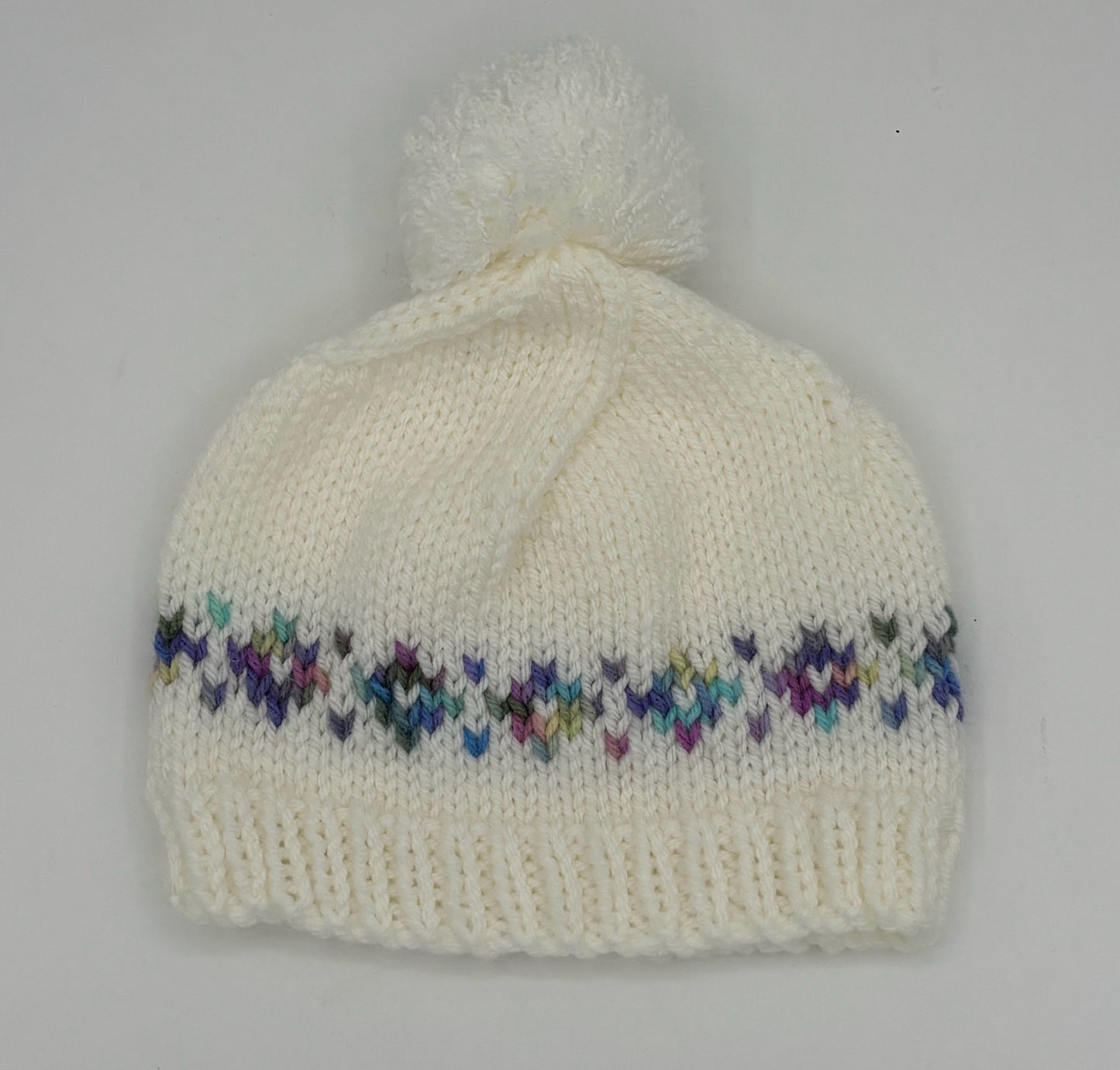 Child S White with Pastel Acrylic Fair Isle Knit Beanie with Pom Pom