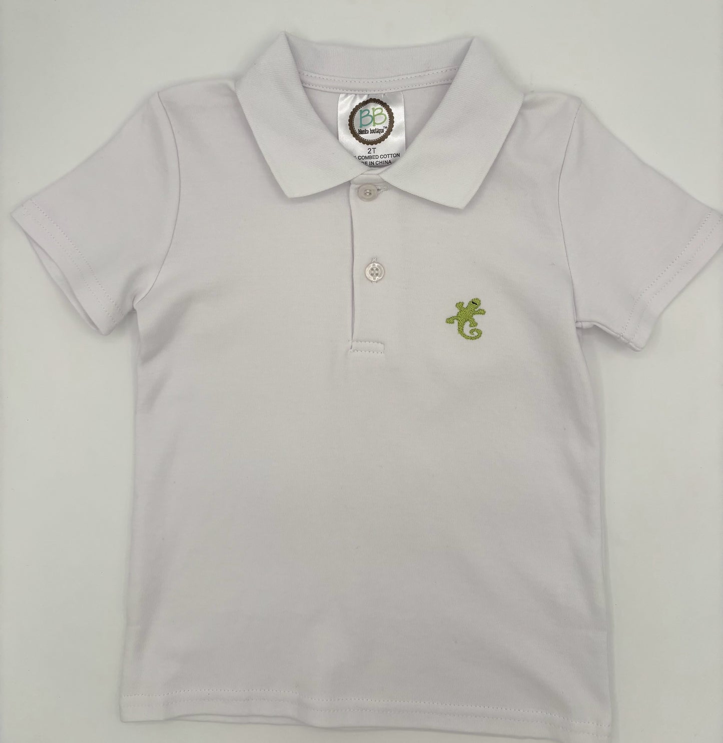 2 T Shirt - White Short Sleeve Polo Shirt w/Lizard Embroidery
