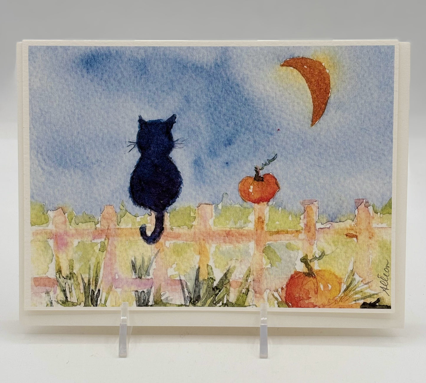 Cat On Fence Halloween Card