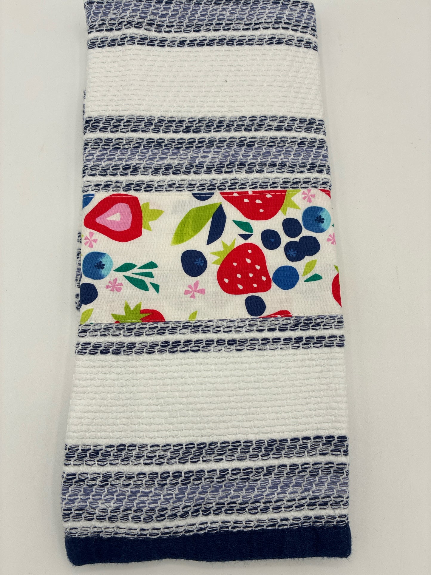 White Towel with Blue Stripes and Berry Trim